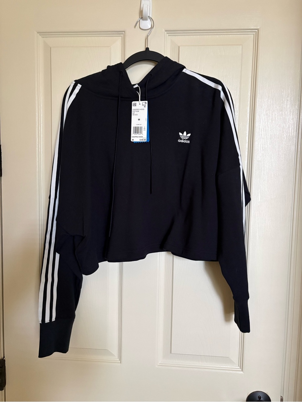 adidas Black Cropped Crewneck Hoodie with White Three Stripes